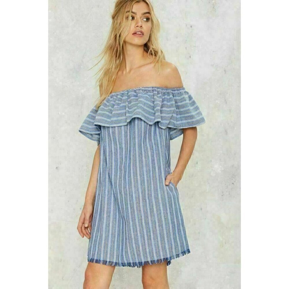 Nasty gal LOVERICHE Women's Blue Stripe Tulum Off-the-Shoulder Mini Dress Size S - Picture 1 of 16